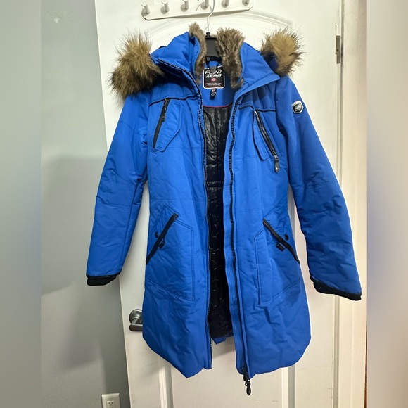 NWOT Point Zero Hooded Faux Fur Trim Parka Puffer Jacket Blue, S - Picture 3 of 8